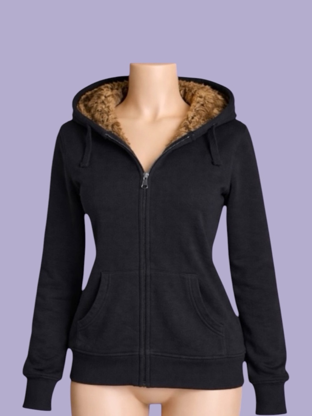 Early 2000s Y2K Brown Fur Hood Zip Up Black Hoodie